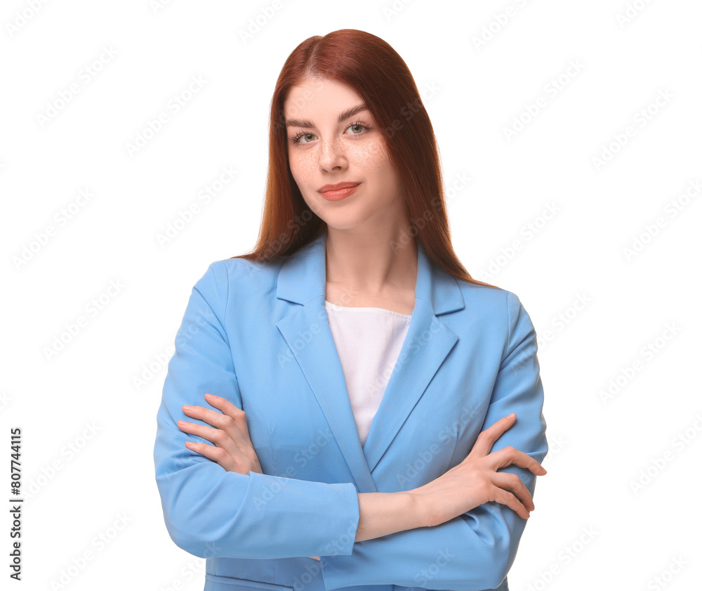 Portrait of beautiful businesswoman with crossed arms on white background Portrait of beautiful businesswoman with crossed arms on white background