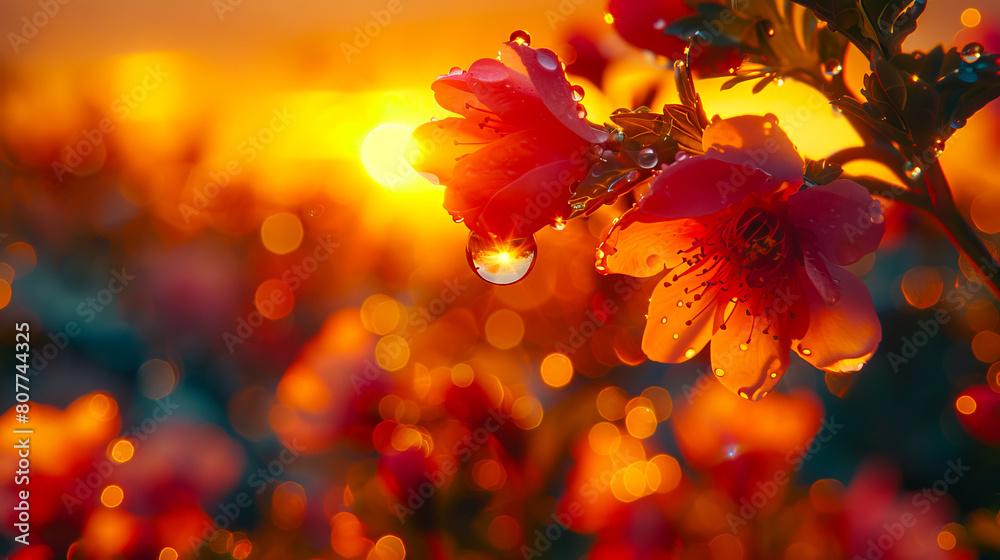 A flower with drops of water on it at sunset.
