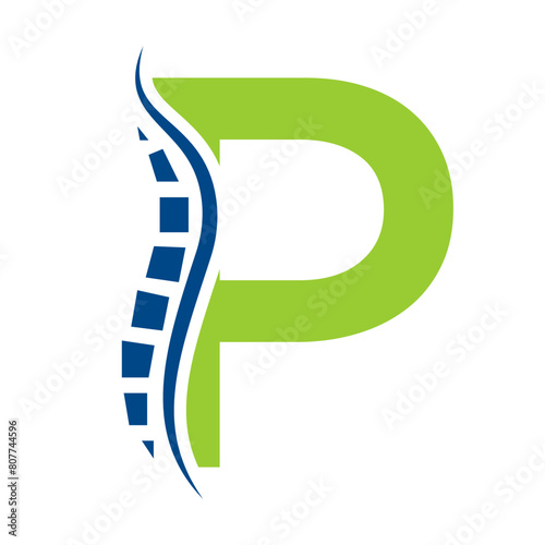 Letter P Backbone Logo Concept For Healthcare Symbol. Back Pain Sign