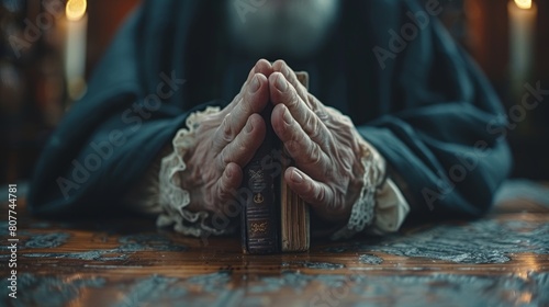 An Indian man prays for God's blessings to have a better life. He holds a bible and a cross, and holds them in prayer. Perhaps the Indians believe in goodness.