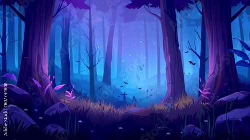 Halloween background with creepy deep forest landscape featuring tree trunks, grass, and stones. Modern cartoon illustration of scary dark forest at night. photo