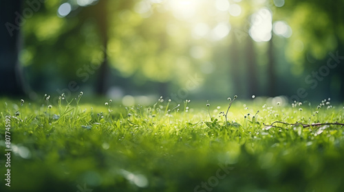 defocused woodland scene, grass trees, white flowers, low evening sun, green background concept