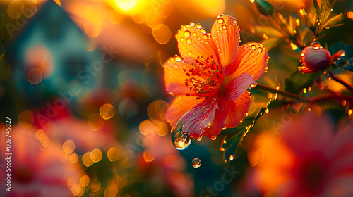 A flower with water droplets on it at sunset.
