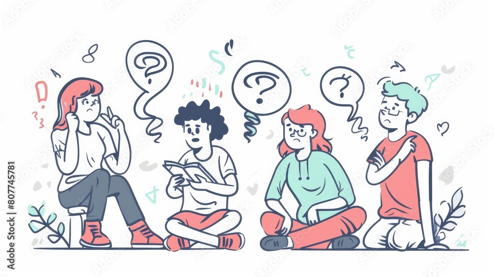 People with questions, doubtful people who think, solve tasks, and make a right decision. Contemporary cartoons with dumb characters searching for solutions, developing ideas, line art cartoon modern