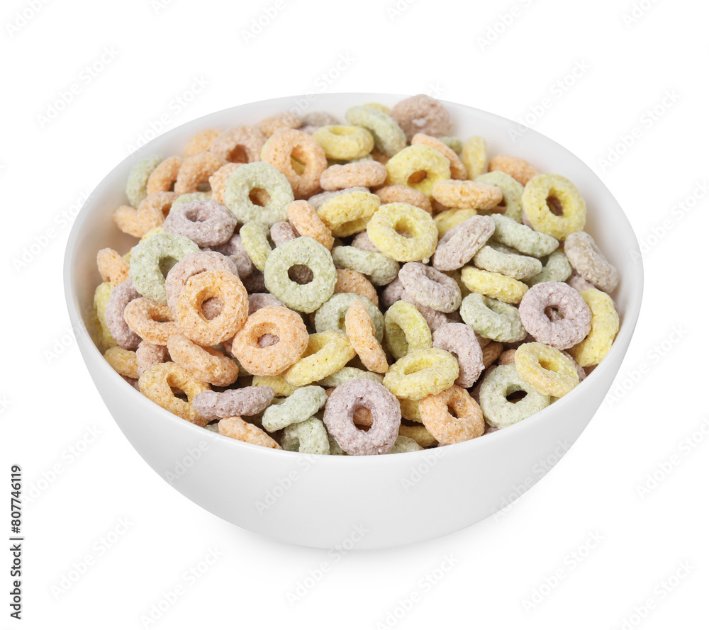 Tasty cereal rings in bowl isolated on white Tasty cereal rings in bowl isolated on white