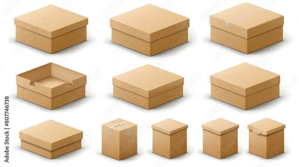 A realistic 3d modern mockup set showing an eco box mockup, a brown square carton parcel container. Views from the front, sides, and angles. A realistic 3d modern mockup set showing an eco box mockup, a brown square carton parcel container. Views from the front, sides, and angles.