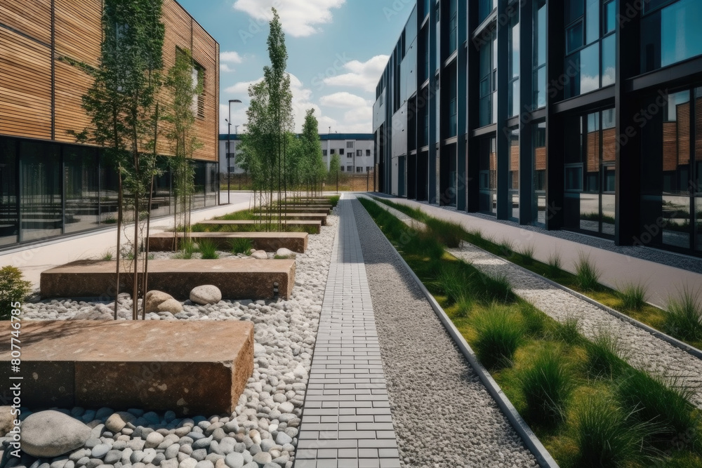 A contemporary building with numerous windows lining a walkway, showcasing architectural design and urban living A contemporary building with numerous windows lining a walkway, showcasing architectural design and urban living