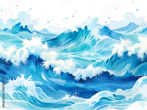 Watercolor painting of big waves crashing onto the shore. The waves were dark blue and had white foam.