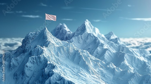 Design modern of a flag on top of a mountain with line, triangle, and particle styles. High level route to the peak of a mountain. Business journey path from beginning to end. Modern concept of a photo