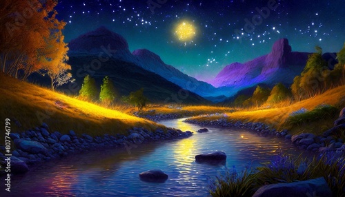 夏が香る河川敷、夕暮れと共に幻想的な夜光が差し込む風景、視覚的に見やすいイラスト generated by AI © Hiyoko maru