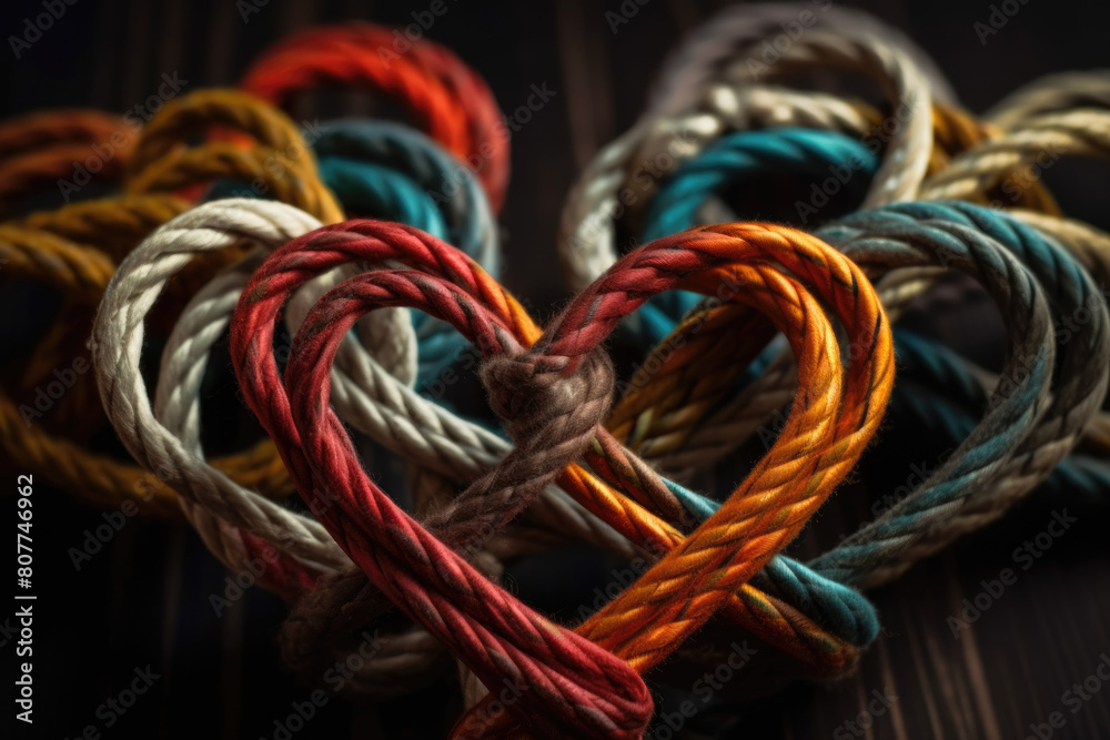 A collection of various colored ropes intricately arranged to create the shape of a heart A collection of various colored ropes intricately arranged to create the shape of a heart
