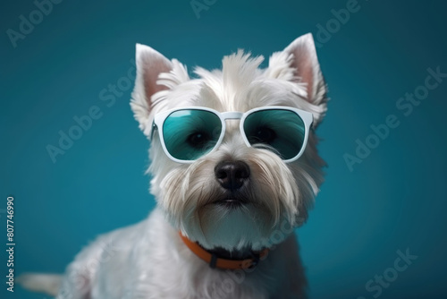 A small white dog sporting sunglasses, standing on a blue background © sommersby