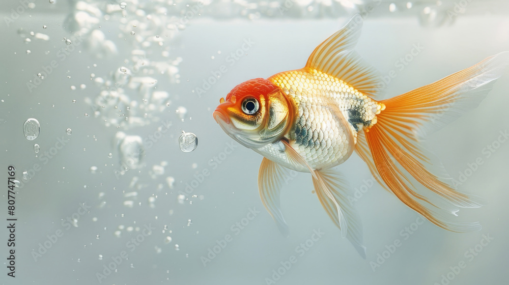 A goldfish swims gracefully in water, surrounded by bubbles A goldfish swims gracefully in water, surrounded by bubbles