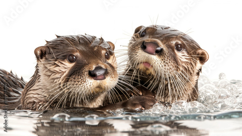 Two otters engage in playful activities in the water, splashing and chasing each other with excitement