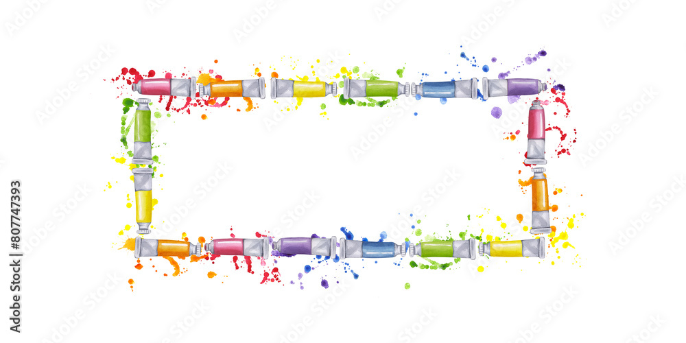 Obraz premium Paint tube banner frame watercolor gouache with expressive colorful splashes and drops. Colors of rainbow. Creative supplies for drawing. Hand drawn illustration isolated background. Clip art for book