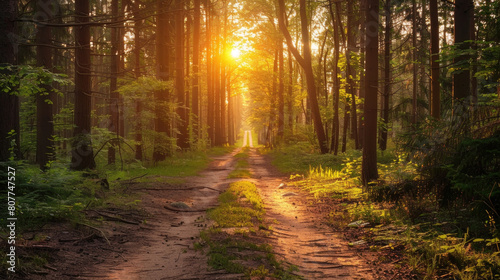 A dirt road surrounded by tall trees in a dense forest