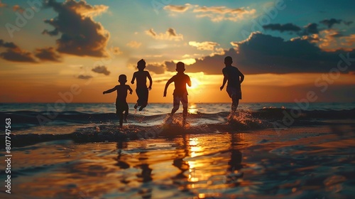 a group of four children running happily along the sea at sunset. happy children's holidays at sea