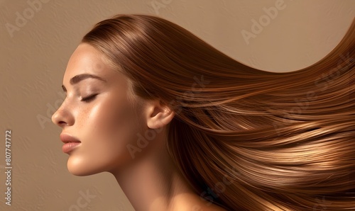 girl with shiny brown smooth healthy hair with long straight and glowing, Generative AI