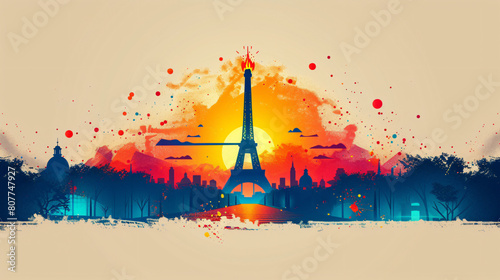 a flat illustration of the silhouette of Eiffel Tower in the morning and an olympic torch, vector, vibrant colors on light beige background  © HejPrint