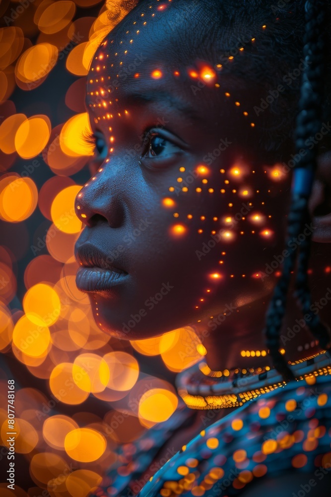 Selective focus close-up profile portrait of a little African American girl against a background of glowing lights Selective focus close-up profile portrait of a little African American girl against a background of glowing lights