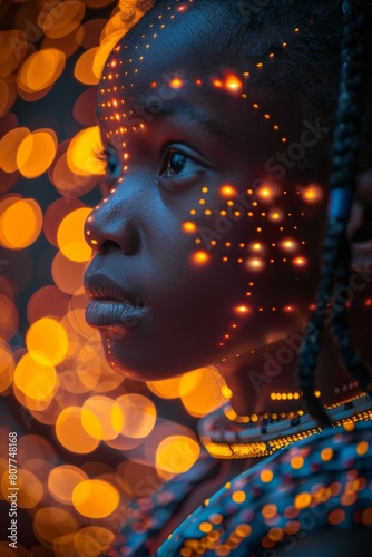 Selective focus close-up profile portrait of a little African American girl against a background of glowing lights