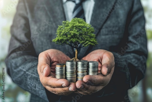 Investments in environmental business. Green business growth. Businessman holding a coin with a tree growing on a stack of coins. 