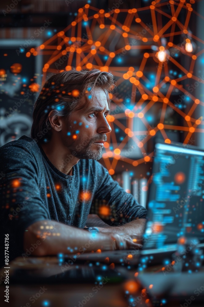Fototapeta premium Male hacker sitting at work on a laptop writing code, programmer, cyber network, working with AI content