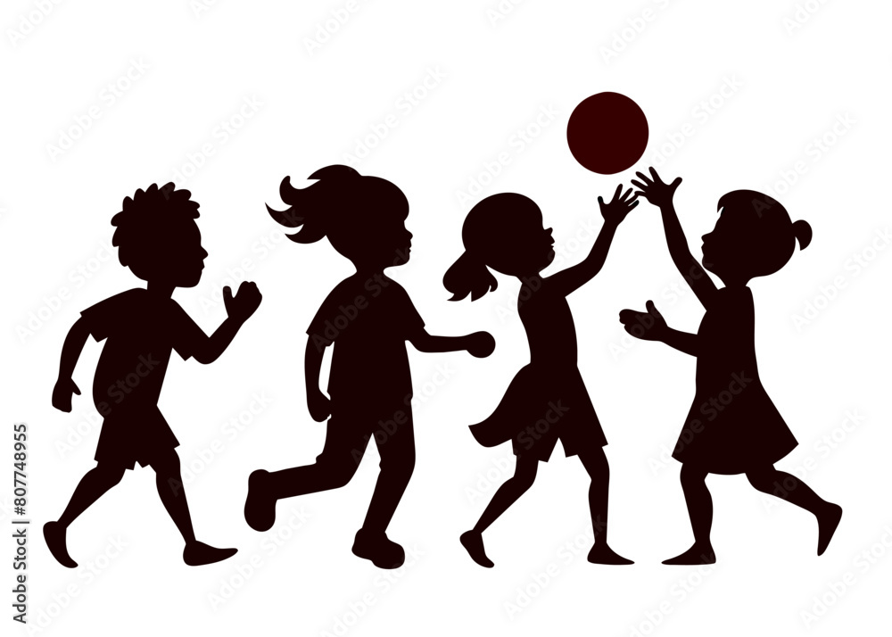 Obraz premium Children silhouette. Four children playing with ball black silhouettes. vector illustration. Isolated on white background.