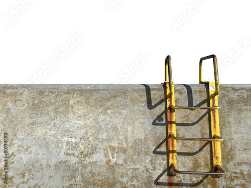 Old concrete wall with rusty yellow metal ladder isolated on white background