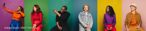 Fotografie Group of people posing and smiling playfully against colorful backgrounds while