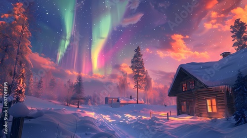 Gorgeous aurora town scenery poster background