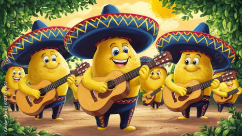 Cheerful lemons in sombreros play guitars