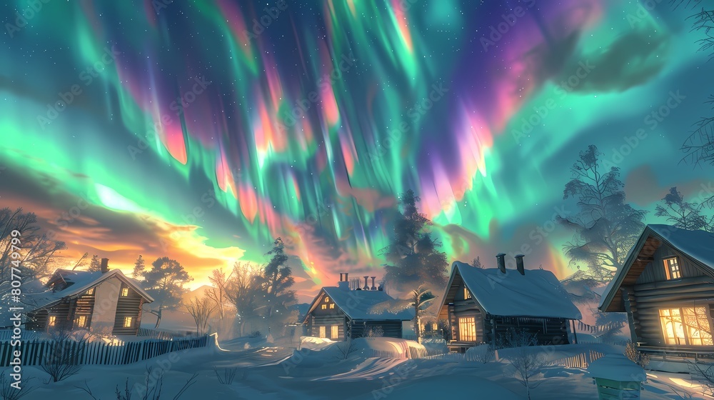 Gorgeous aurora town scenery poster background