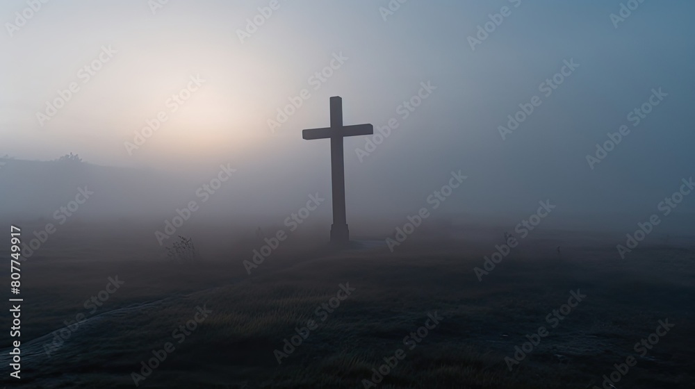 Cross in midst of misty field. Christian symbol. Concept of finding the way and faith