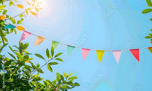colorful pennant string decoration in green tree foliage on blue sky, Generative AI