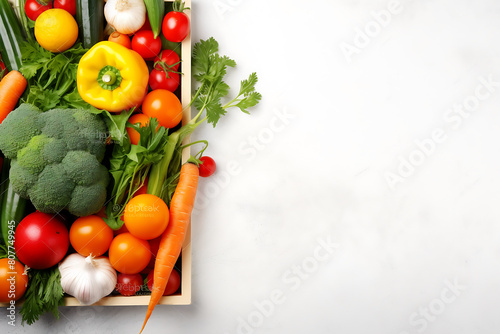 Fresh vegetables in wooden box on white background. Top view with copy space