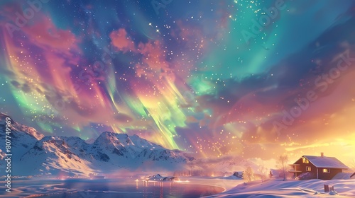 Gorgeous aurora town scenery poster background