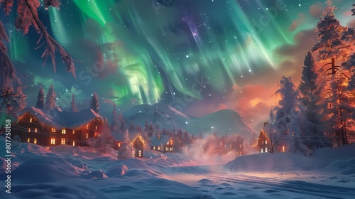 Gorgeous aurora town scenery poster background © jinzhen