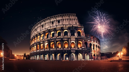 Massive Roman coliseum during a night-time event lit up by torches and fireworks