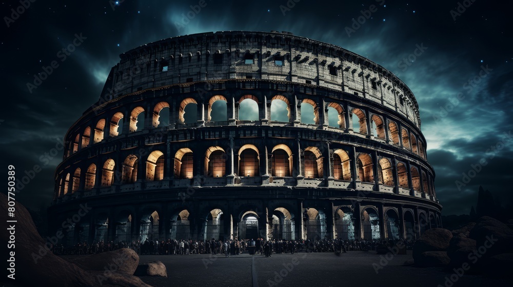 Roman coliseum under moonlight with gladiator spirits returning to relive past battles