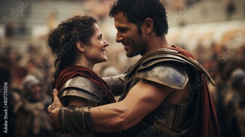 Gladiatorial combatant's heartfelt reunion with a loved one in the heart of the Roman coliseum photo