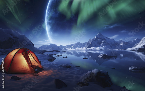 Antarctica Aurora Above Tent and Moon Lit Sky AI Generated