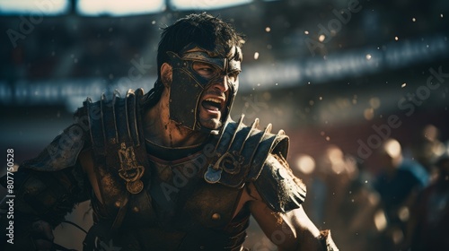 Gladiatorial combatant's powerful battle cry echoes through the Roman coliseum