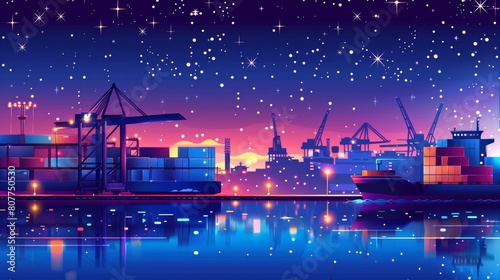 The night port with cargo container and ship modern illustration shows port logistics and marine transport under stars in the sky. Cartoon of a freight shipment ocean terminal and warehouse under the photo
