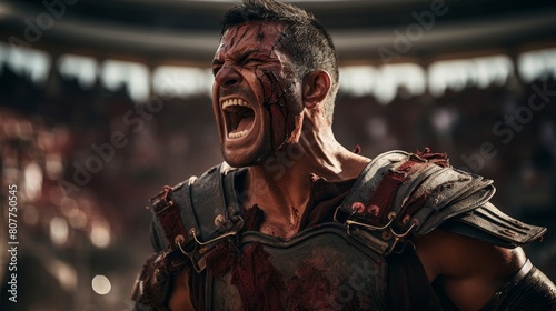 Gladiator's battle cry echoes in the Roman coliseum photo