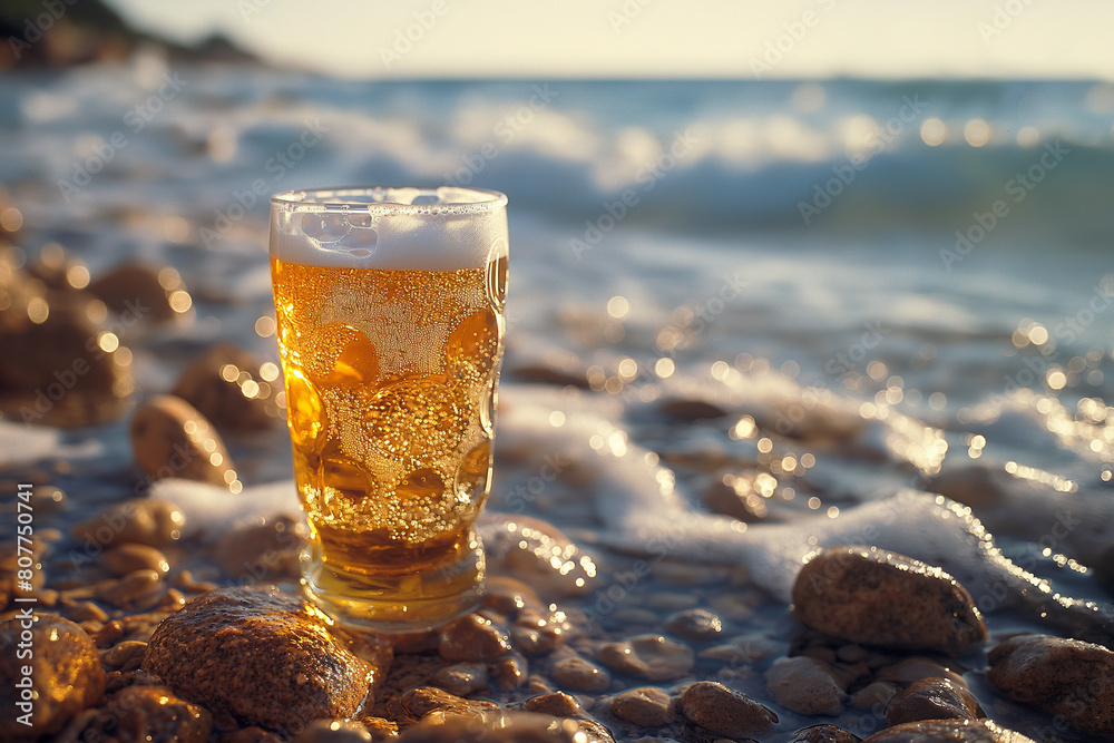 Φωτογραφία A glass of beer is sitting on a beach with the ocean in the background