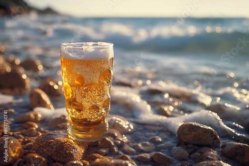 A glass of beer is sitting on a beach with the ocean in the background