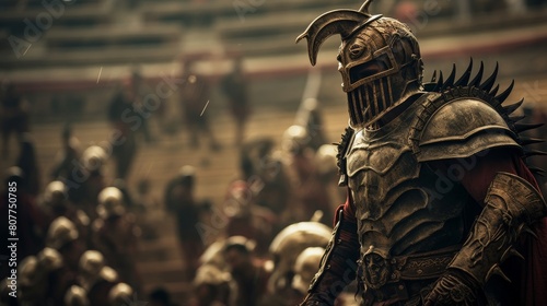 Gladiator encounters mythical creatures in Roman coliseum photo