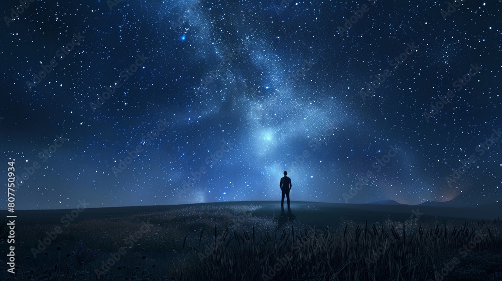 A person standing on the edge of an open field, gazing up at the starry night sky. A person standing on the edge of an open field, gazing up at the starry night sky.