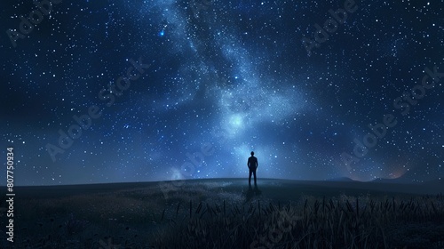 A person standing on the edge of an open field  gazing up at the starry night sky.